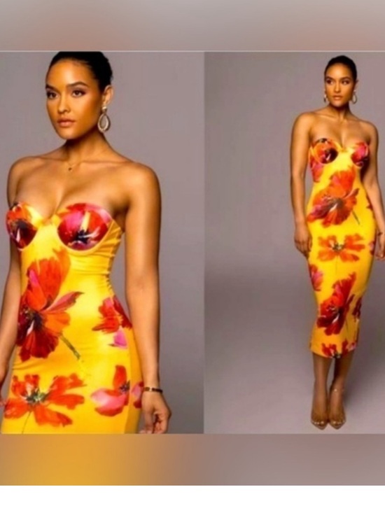 JLUXLABEL Dresses & Skirts - JLUXLABEL Yellow Cora Strapless Floral Midi Dress